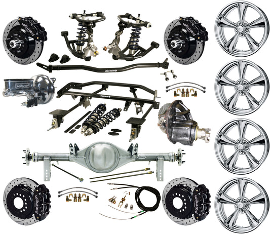 COILOVER & 4-LINK SYSTEM,REAR END,13" DRILLED BRAKES,BLACK,BILLET WHEELS,67-69 F