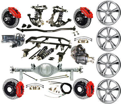 COILOVER & 4-LINK SYSTEM,REAR END,13" DRILLED BRAKES,RED,BILLET WHEELS,67-69 F