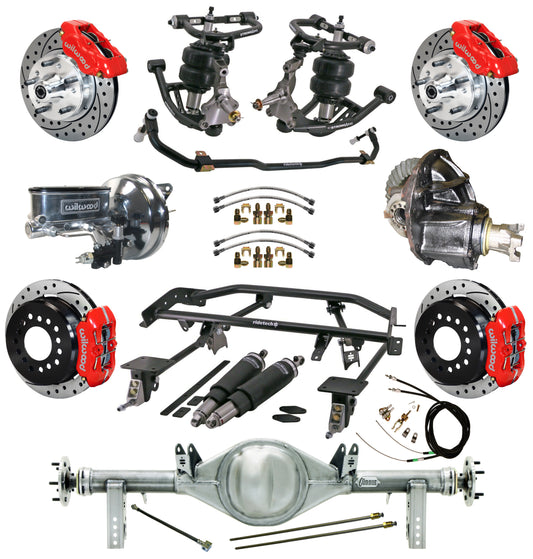 AIR RIDE & 4-LINK SYSTEM,CURRIE REAR END,WILWOOD 11" DRILLED BRAKES,RED,67-69