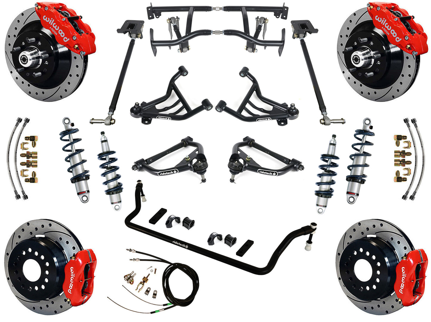 COILOVER & 4-LINK SYSTEM,WILWOOD 13"/12" DRILLED BRAKES,RED CALIPERS,70-81 GM F