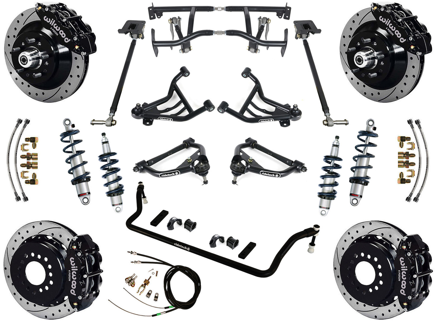 COILOVER & 4-LINK SYSTEM,WILWOOD 13" DRILLED BRAKES,BLACK CALIPERS,70-81 GM F