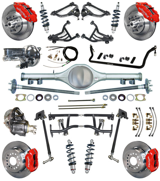 COILOVER & 4-LINK SYSTEM,CURRIE REAR END,WILWOOD 13"/12" BRAKES,RED,70-81 GM F