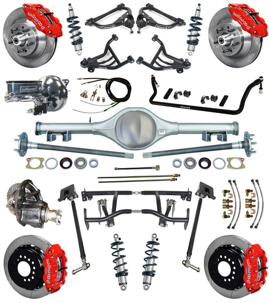COILOVER & 4-LINK SYSTEM,CURRIE REAR END,WILWOOD 13" BRAKES,RED,70-81 GM F