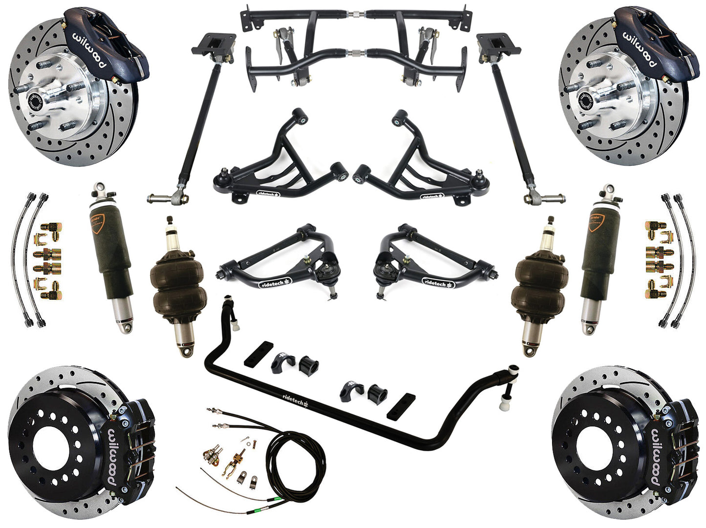 AIR RIDE & 4-LINK SYSTEM,WILWOOD 11" DRILL BRAKES,BLACK CALIPERS,70-81 GM F-BODY