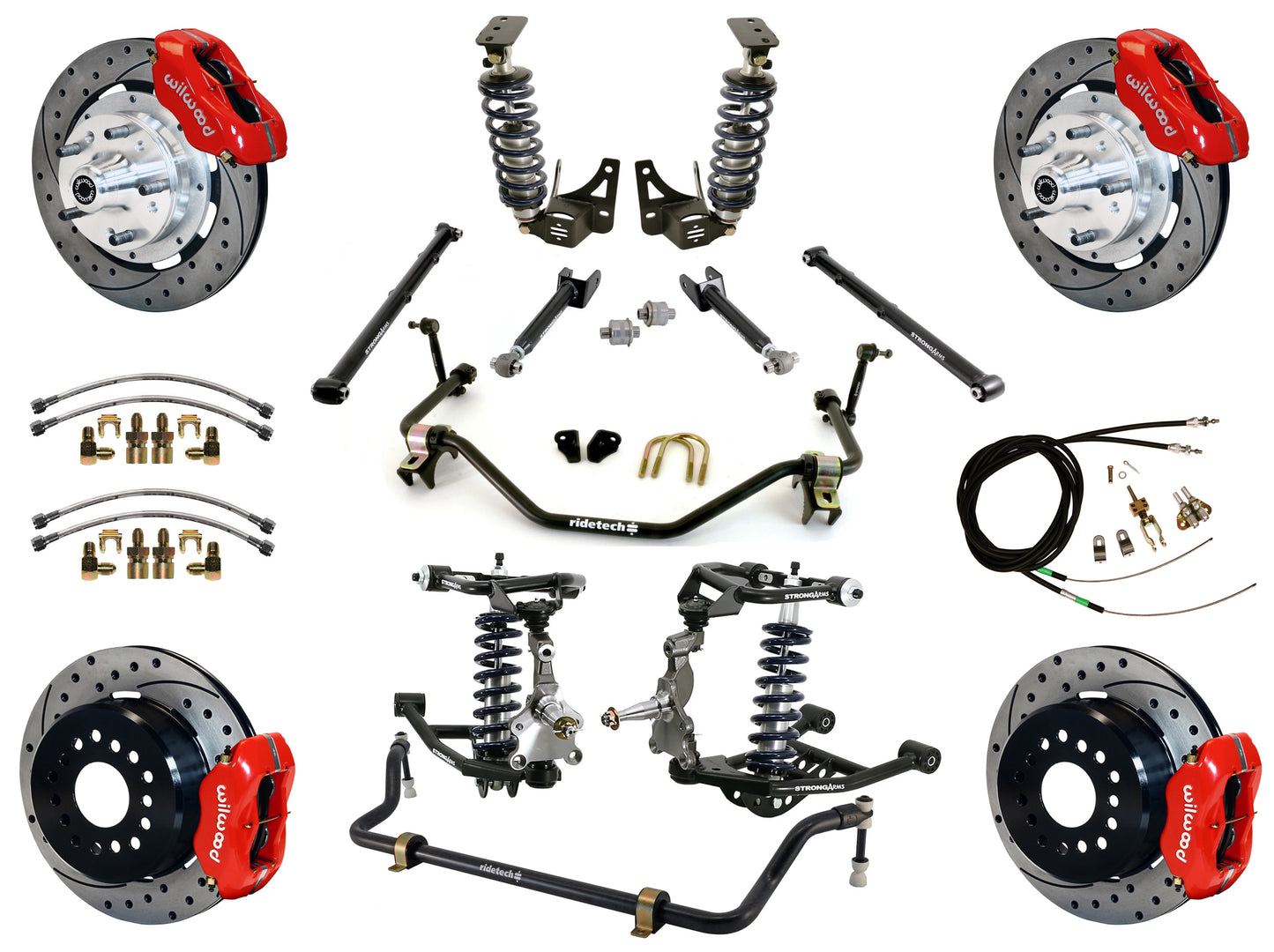 COILOVER SYSTEM,ARMS,BARS,WILWOOD 12" DRILLED BRAKES,RED CALIPERS,64-67 GM A-