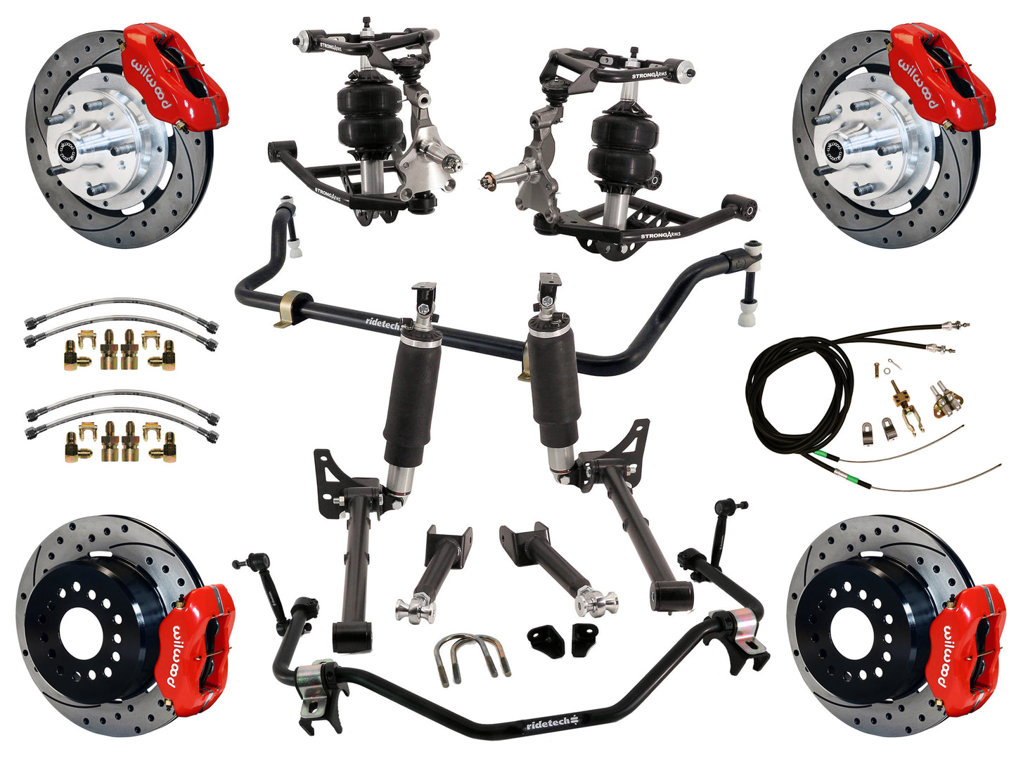 AIR RIDE SYSTEM,ARMS,BARS,WILWOOD 12" DRILLED BRAKES,RED CALIPERS,64-67 GM A-