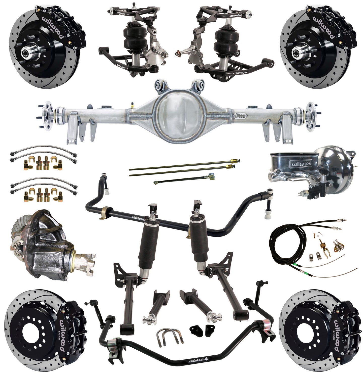 AIR RIDE SYSTEM,ARMS,CURRIE REAR END,WILWOOD 13" DRILLED BRAKES,BLACK,64-67 GM A