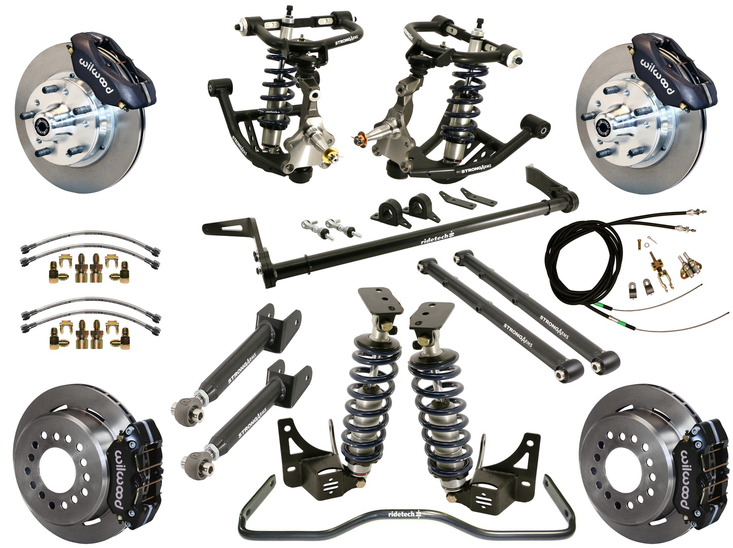 COILOVER SYSTEM,ARMS,BARS,WILWOOD 11" BRAKES,BLACK CALIPERS,68-72 GM A-BODY