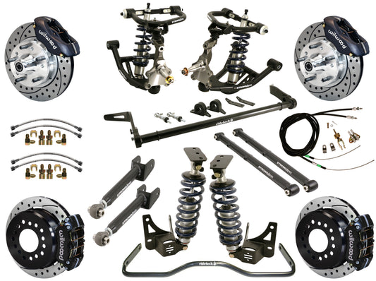 COILOVER SYSTEM,ARMS,BARS,WILWOOD 11" DRILLED BRAKES,BLACK CALIPERS,68-72 A-BODY
