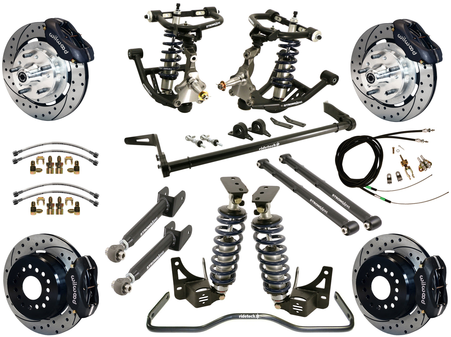 COILOVER SYSTEM,ARMS,BARS,WILWOOD 12" DRILLED BRAKES,BLACK CALIPERS,68-72 A-BODY
