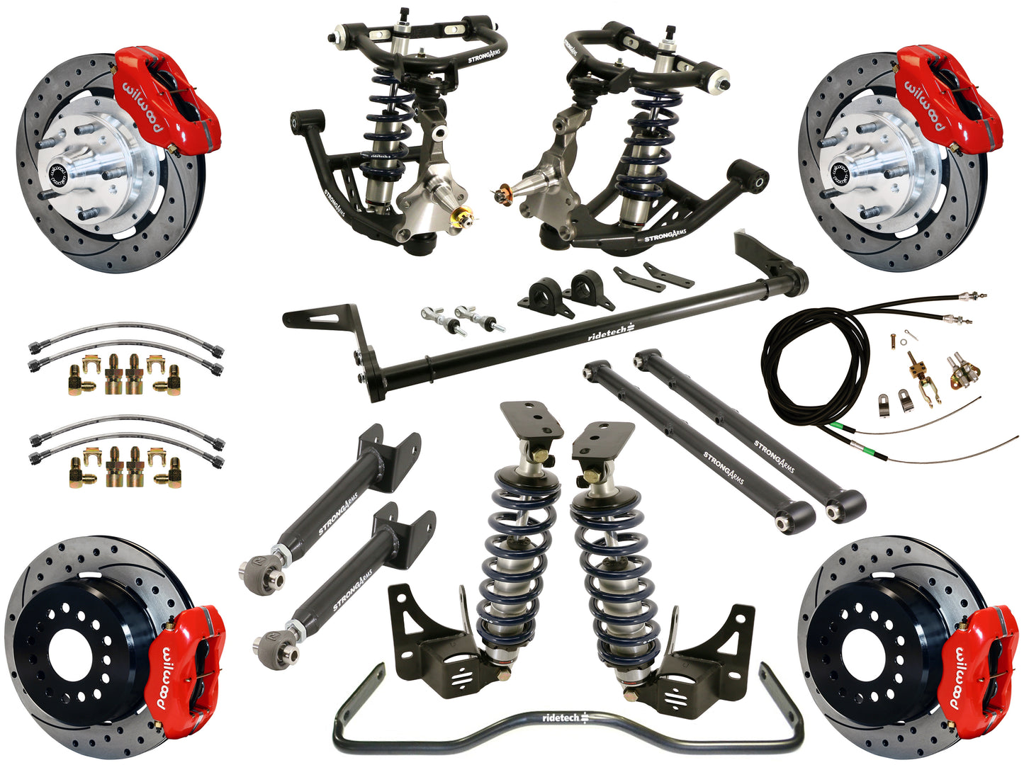COILOVER SYSTEM,ARMS,BARS,WILWOOD 12" DRILLED BRAKES,RED CALIPERS,68-72 A-BODY