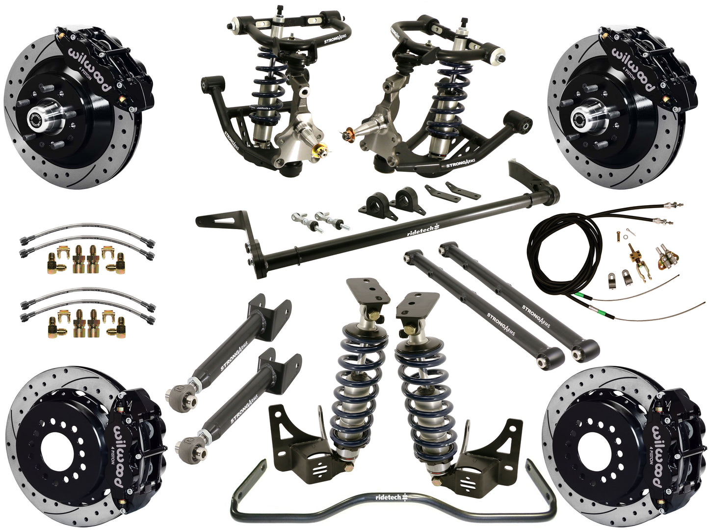 COILOVER SYSTEM,ARMS,BARS,WILWOOD 13" DRILLED BRAKES,BLACK CALIPERS,68-72 A-BODY