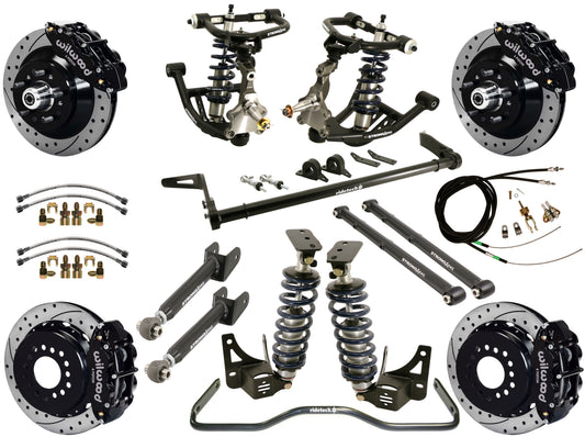 COILOVER SYSTEM,ARMS,BARS,WILWOOD 13" DRILLED BRAKES,BLACK CALIPERS,68-72 A-BODY