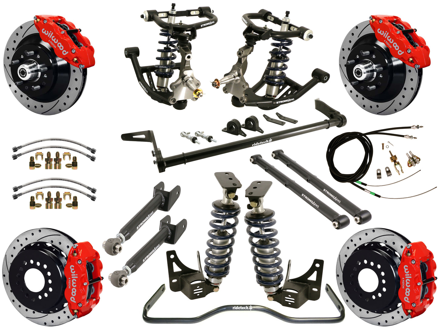 COILOVER SYSTEM,ARMS,BARS,WILWOOD 13" DRILLED BRAKES,RED CALIPERS,68-72 A-BODY