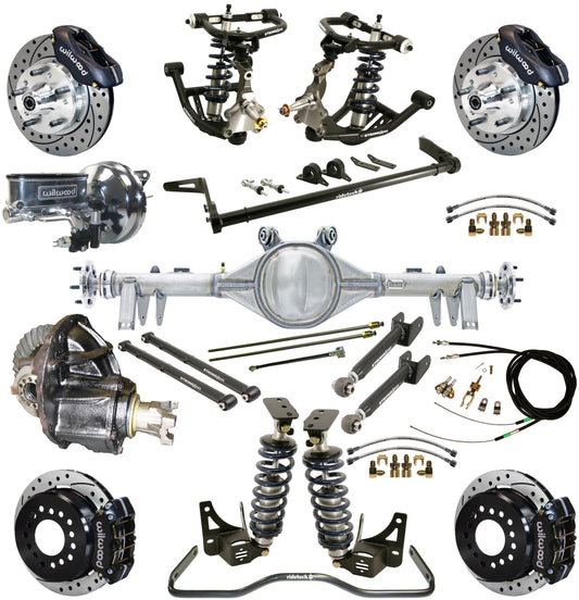 COILOVER SYSTEM,ARMS,BARS,CURRIE REAR END,WILWOOD 11" DRILLED BRAKES,BLACK,68-72