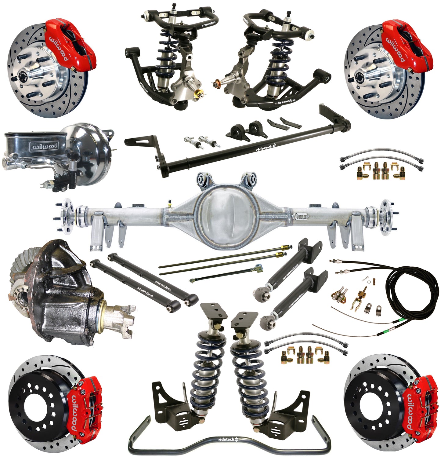 COILOVER SYSTEM,ARMS,BARS,CURRIE REAR END,WILWOOD 11" DRILLED BRAKES,RED,68-72 A