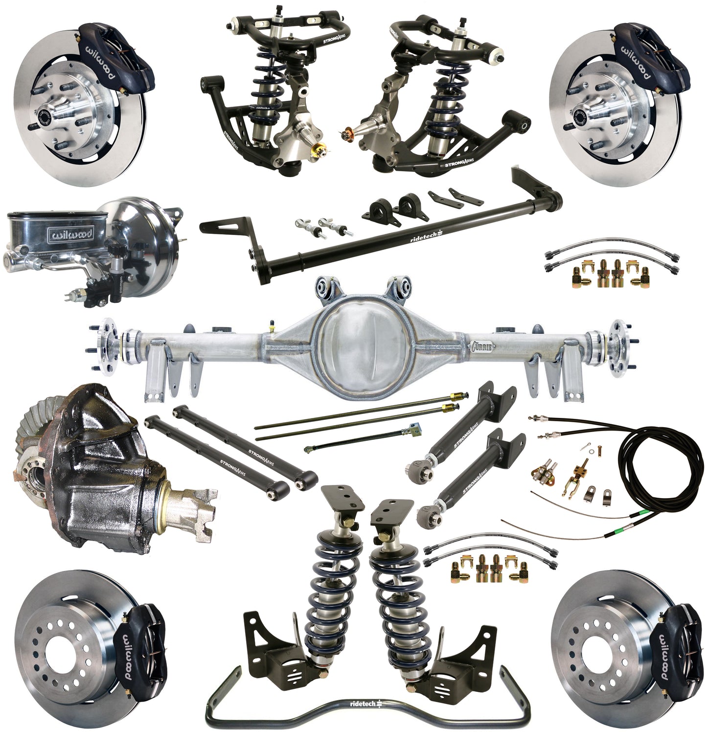 COILOVER SYSTEM,ARMS,BARS,CURRIE REAR END,WILWOOD 12" BRAKES,BLACK,68-72 GM A-