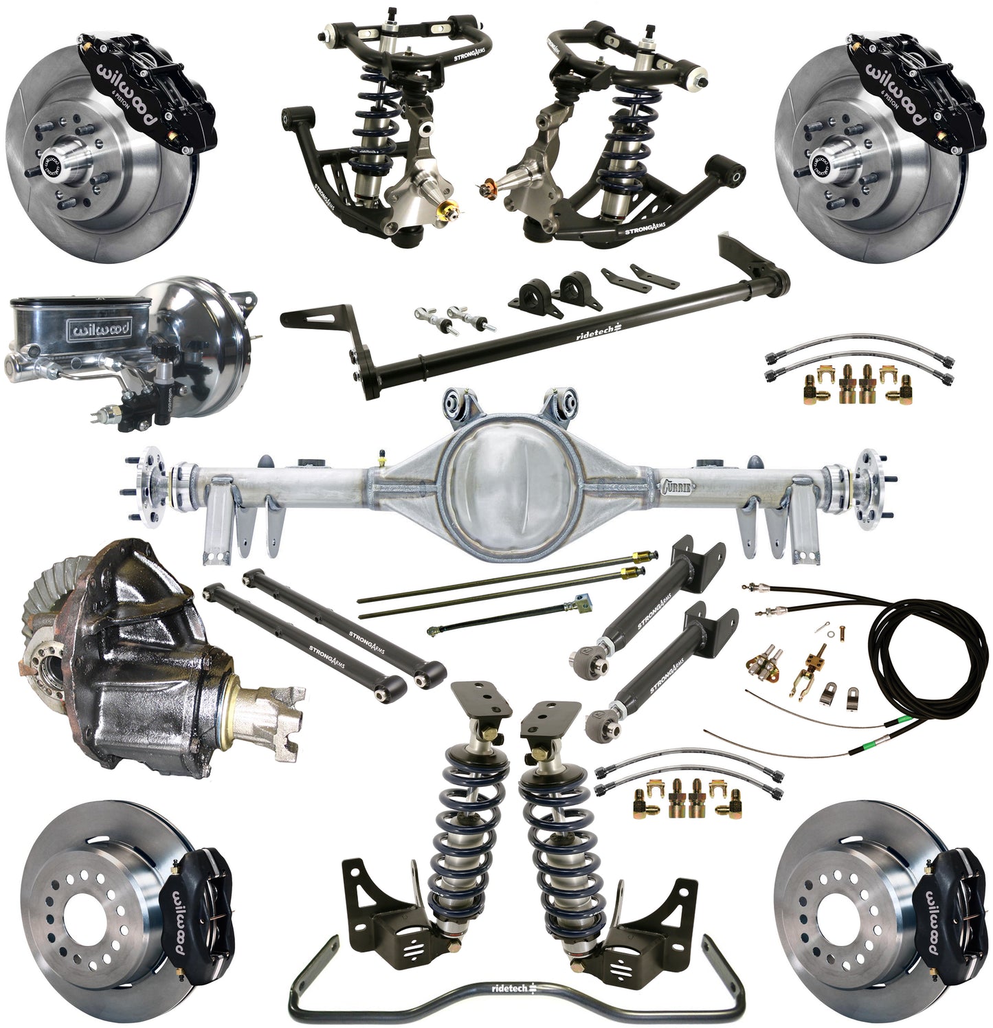 COILOVER SYSTEM,ARMS,BARS,CURRIE REAR END,WILWOOD 13"/12" BRAKES,BLACK,68-72 A-