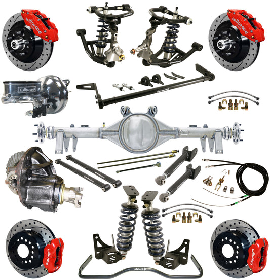 COILOVER SYSTEM,ARMS,BARS,CURRIE REAR END,WILWOOD 13"/12" DRILL BRAKES,RED,68-72