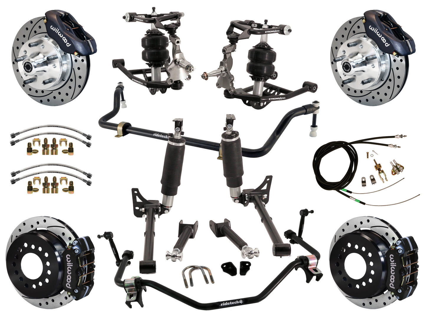 AIR RIDE SYSTEM,ARMS,BARS,WILWOOD 11" DRILLED BRAKES,BLACK CALIPERS,68-72 GM A