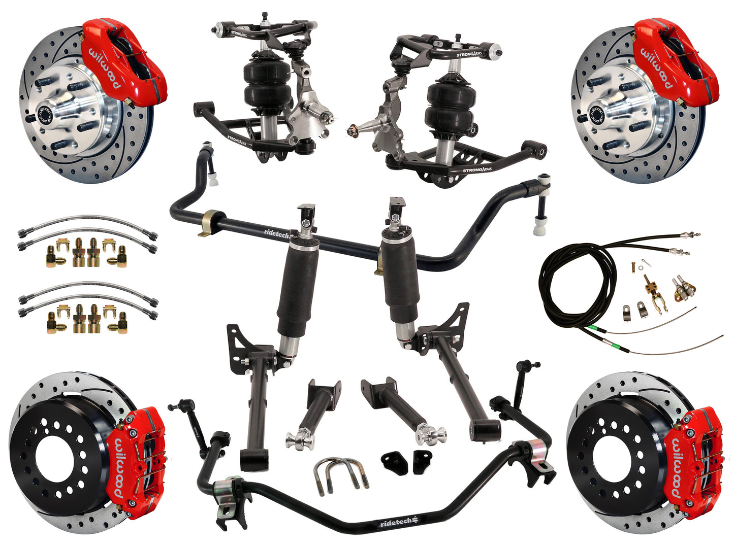 AIR RIDE SYSTEM,ARMS,BARS,WILWOOD 11" DRILLED BRAKES,RED CALIPERS,68-72 GM A