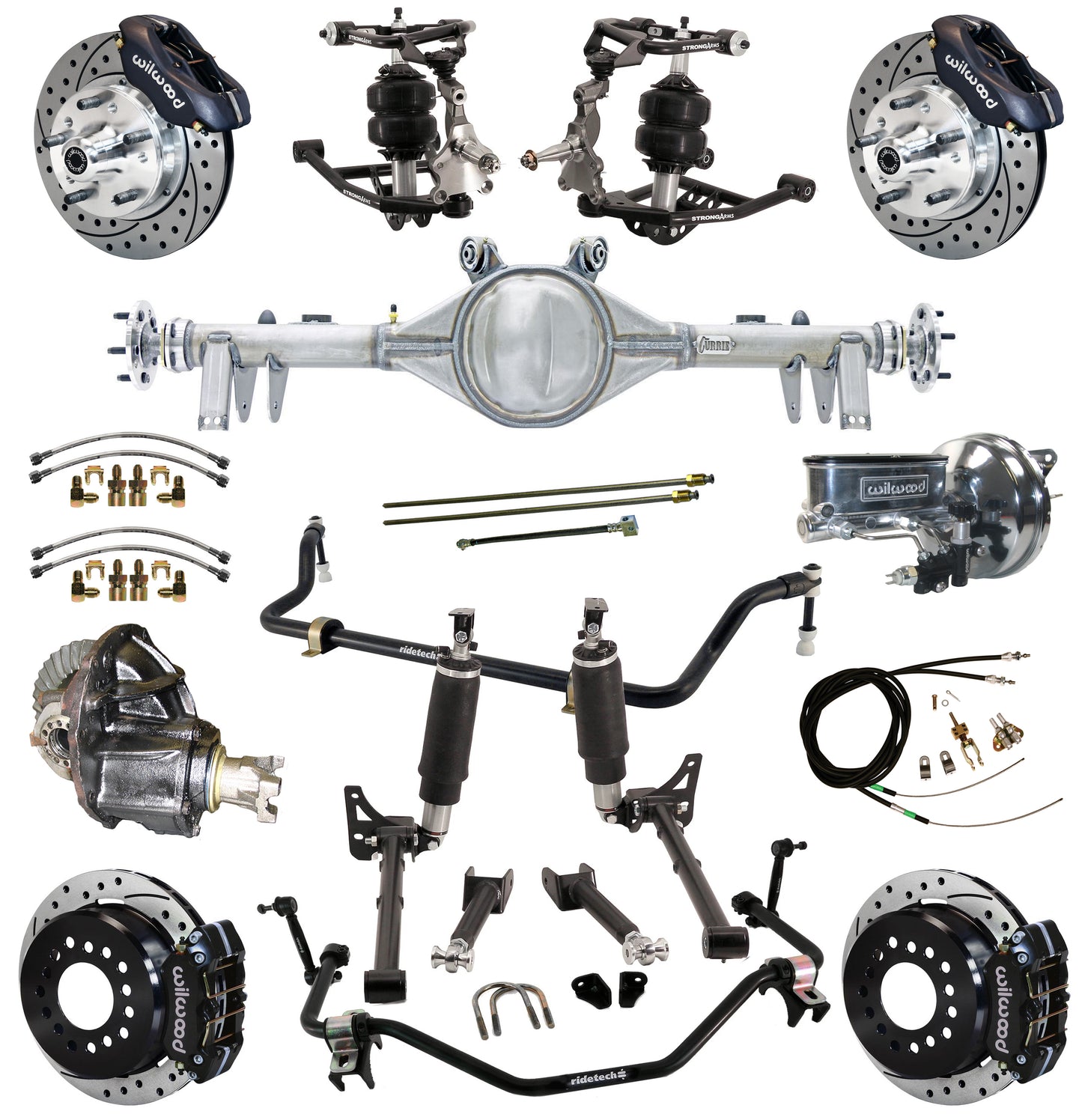 AIR RIDE SYSTEM,ARMS,CURRIE REAR END,WILWOOD 11" DRILLED BRAKES,BLACK,68-72 GM A