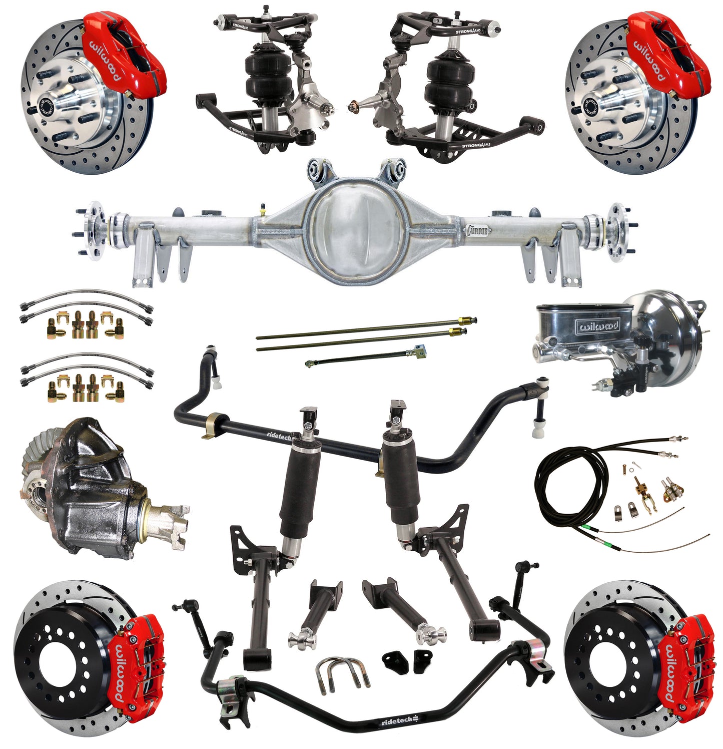 AIR RIDE SYSTEM,ARMS,CURRIE REAR END,WILWOOD 11" DRILLED BRAKES,RED,68-72 GM A