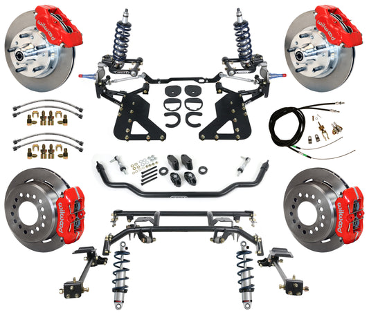 COILOVER & 4-LINK SYSTEM,WILWOOD 11" BRAKES,RED CALIPERS,62-67 CHEVY II