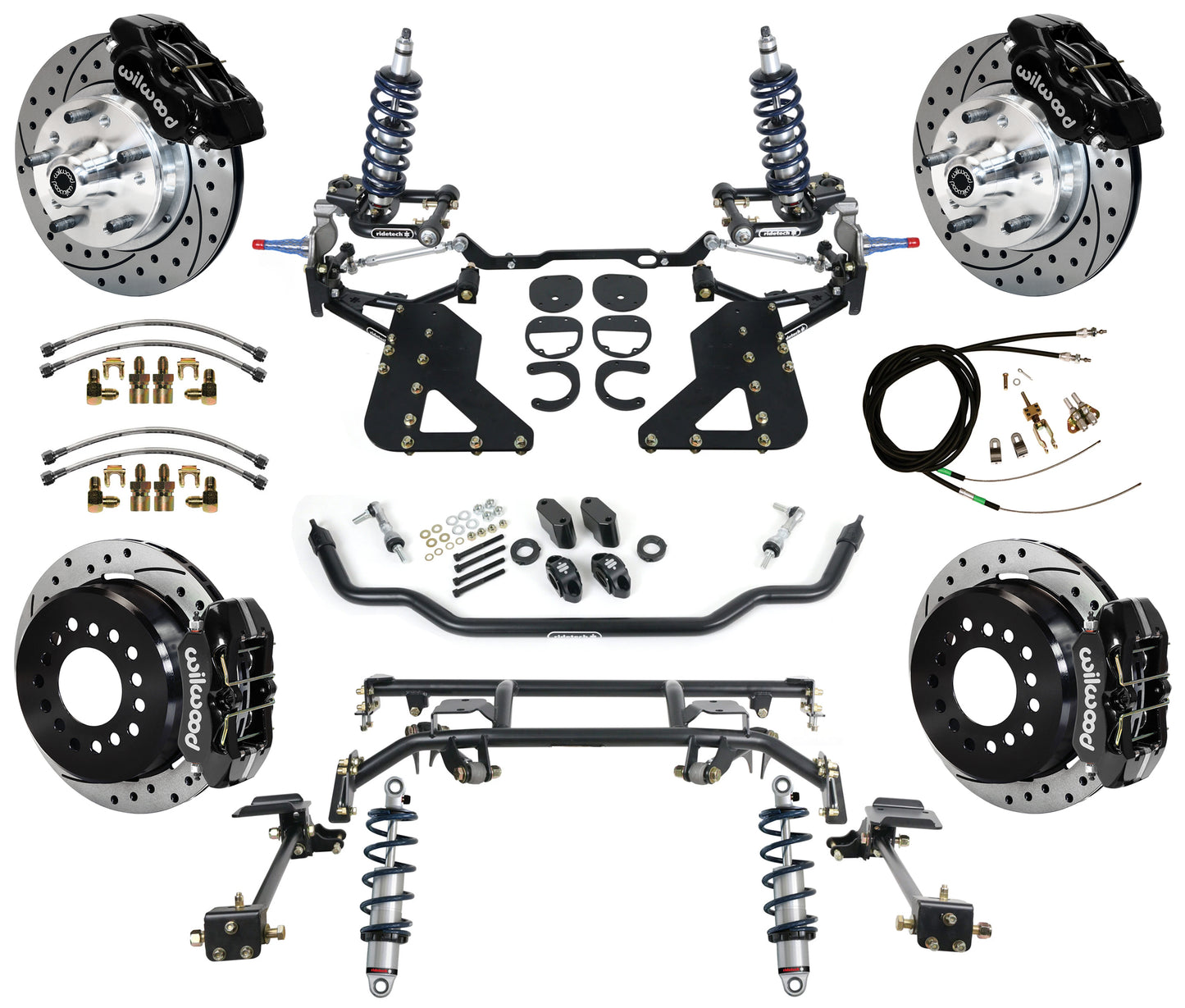 COILOVER & 4-LINK SYSTEM,WILWOOD 11" DRILLED BRAKES,BLACK,62-67 CHEVY II