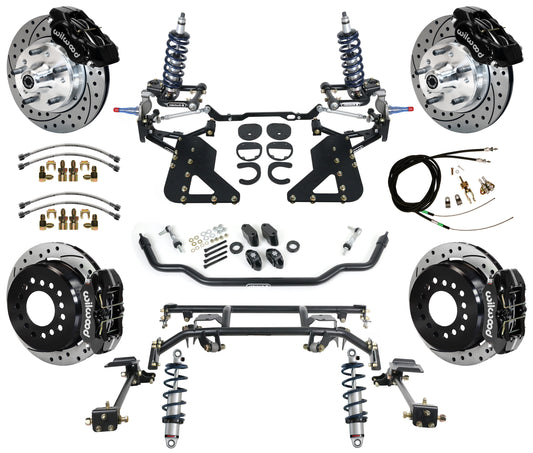 COILOVER & 4-LINK SYSTEM,WILWOOD 11" DRILLED BRAKES,BLACK,62-67 CHEVY II