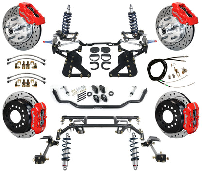 COILOVER & 4-LINK SYSTEM,WILWOOD 11" DRILLED BRAKES,RED CALIPERS,62-67 CHEVY II