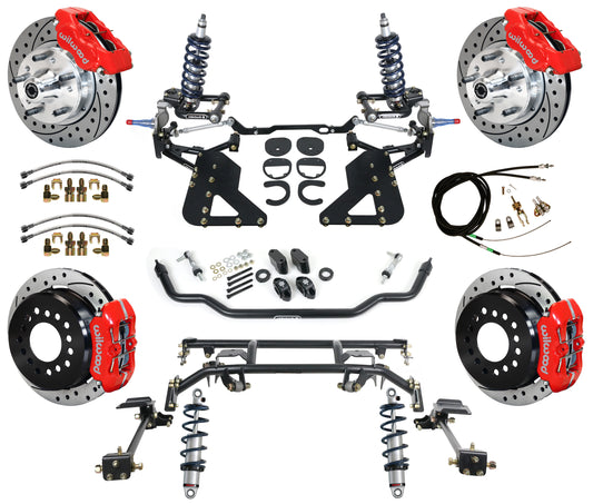 COILOVER & 4-LINK SYSTEM,WILWOOD 11" DRILLED BRAKES,RED CALIPERS,62-67 CHEVY II