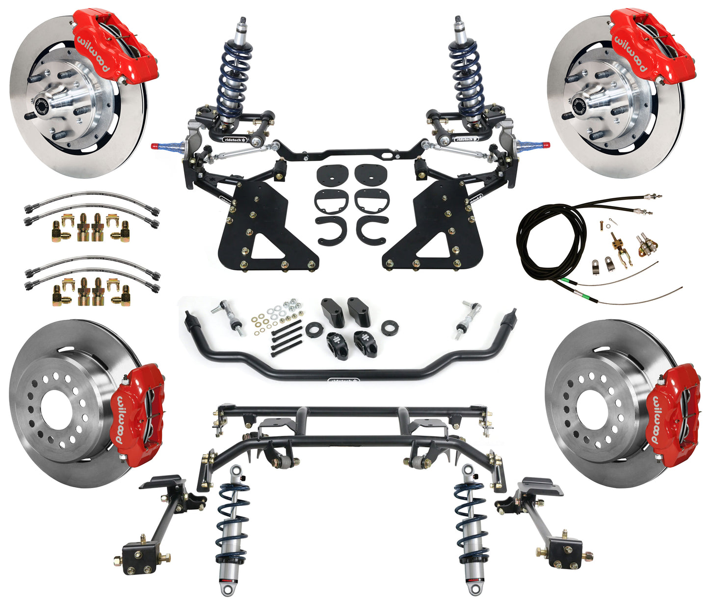 COILOVER & 4-LINK SYSTEM,WILWOOD 12" BRAKES,RED CALIPERS,62-67 CHEVY II