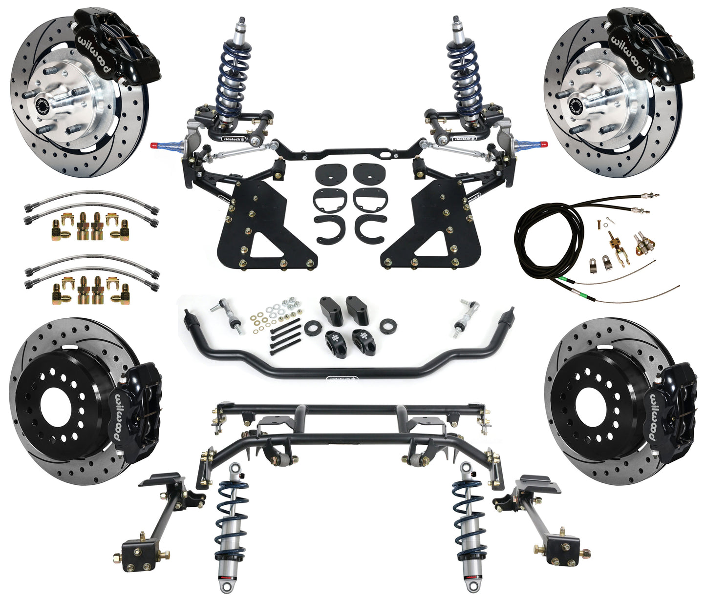 COILOVER & 4-LINK SYSTEM,WILWOOD 12" DRILLED BRAKES,BLACK,62-67 CHEVY II