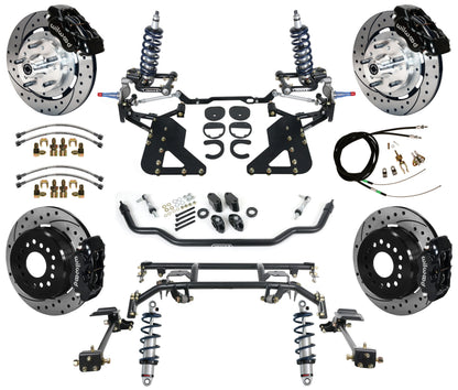 COILOVER & 4-LINK SYSTEM,WILWOOD 12" DRILLED BRAKES,BLACK,62-67 CHEVY II