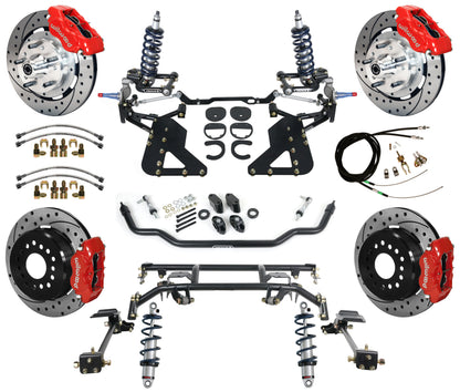 COILOVER & 4-LINK SYSTEM,WILWOOD 12" DRILLED BRAKES,RED CALIPERS,62-67 CHEVY II