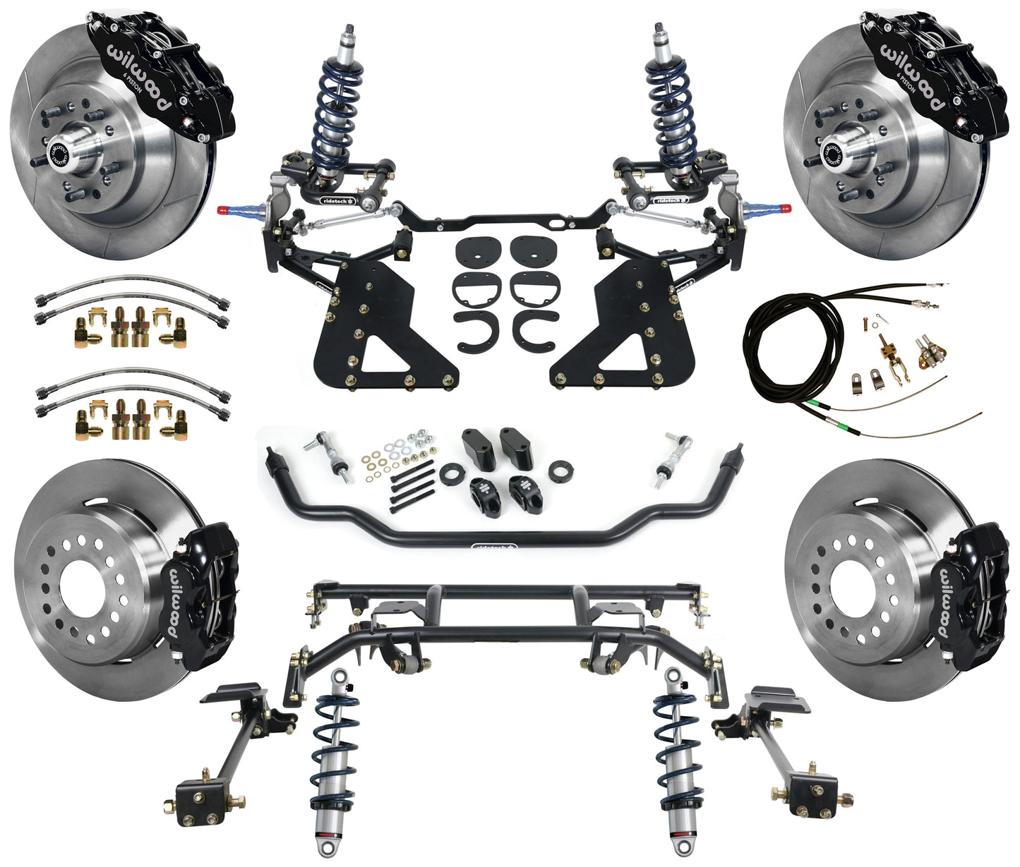 COILOVER & 4-LINK SYSTEM,WILWOOD 13"/12" BRAKES,BLACK CALIPERS,62-67 CHEVY II