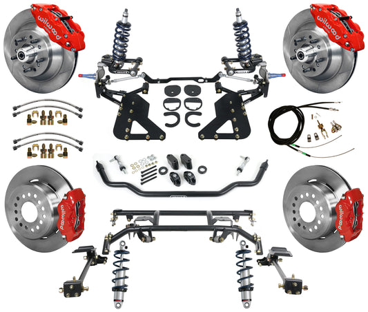 COILOVER & 4-LINK SYSTEM,WILWOOD 13"/12" BRAKES,RED CALIPERS,62-67 CHEVY II