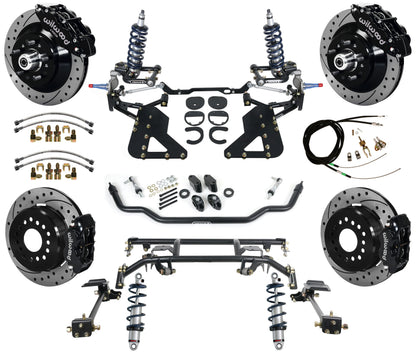 COILOVER & 4-LINK SYSTEM,WILWOOD 13"/12" DRILLED BRAKES,BLACK,62-67 CHEVY II