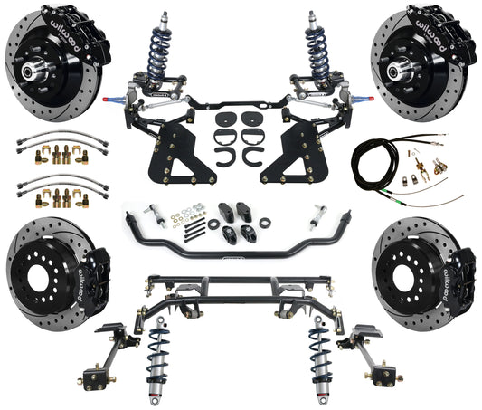 COILOVER & 4-LINK SYSTEM,WILWOOD 13"/12" DRILLED BRAKES,BLACK,62-67 CHEVY II