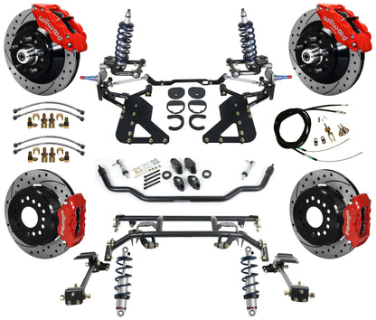 COILOVER & 4-LINK SYSTEM,WILWOOD 13"/12" DRILLED BRAKES,RED,62-67 CHEVY II