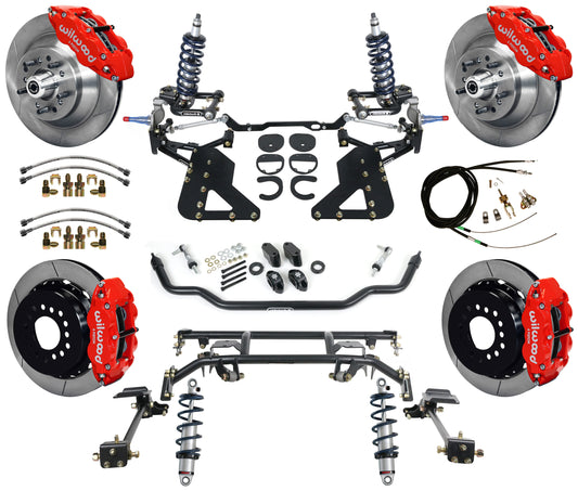 COILOVER & 4-LINK SYSTEM,WILWOOD 13" BRAKES,RED CALIPERS,62-67 CHEVY II
