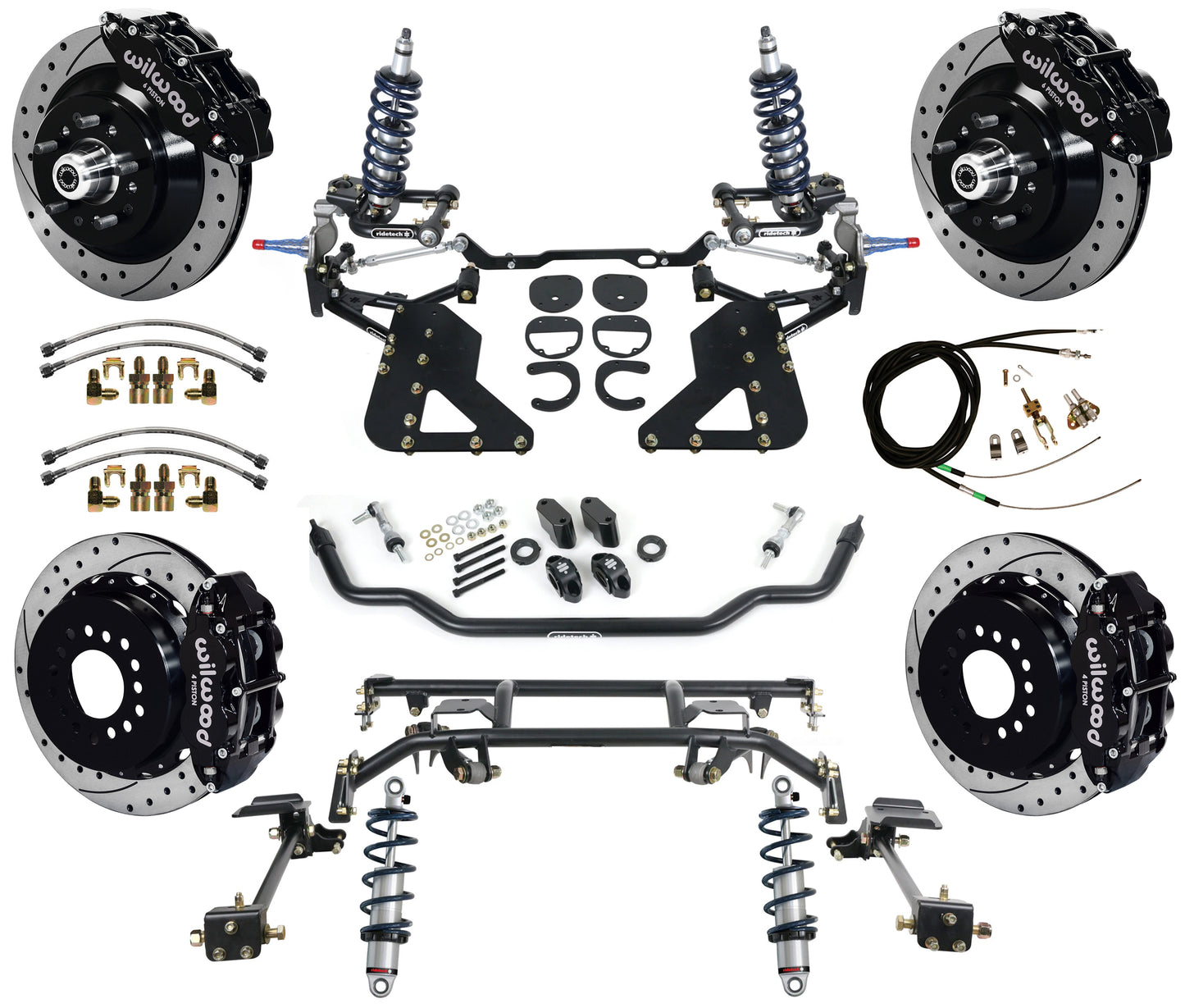 COILOVER & 4-LINK SYSTEM,WILWOOD 13" DRILLED BRAKES,BLACK,62-67 CHEVY II
