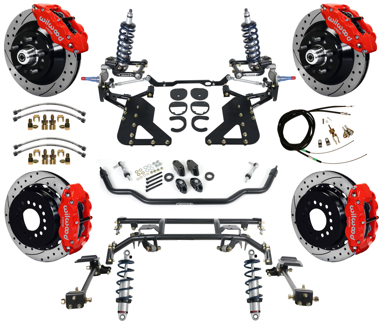 COILOVER & 4-LINK SYSTEM,WILWOOD 13" DRILLED BRAKES,RED CALIPERS,62-67 CHEVY II