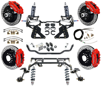 COILOVER & 4-LINK SYSTEM,WILWOOD 13" DRILLED BRAKES,RED CALIPERS,62-67 CHEVY II