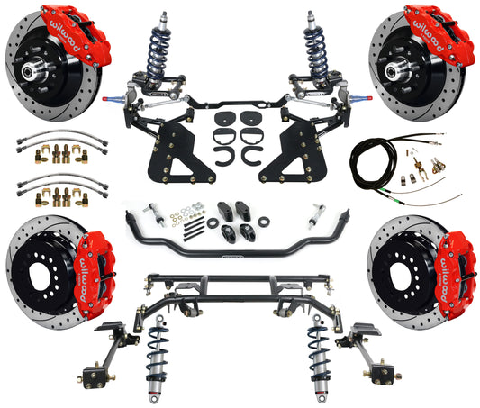 COILOVER & 4-LINK SYSTEM,WILWOOD 13" DRILLED BRAKES,RED CALIPERS,62-67 CHEVY II