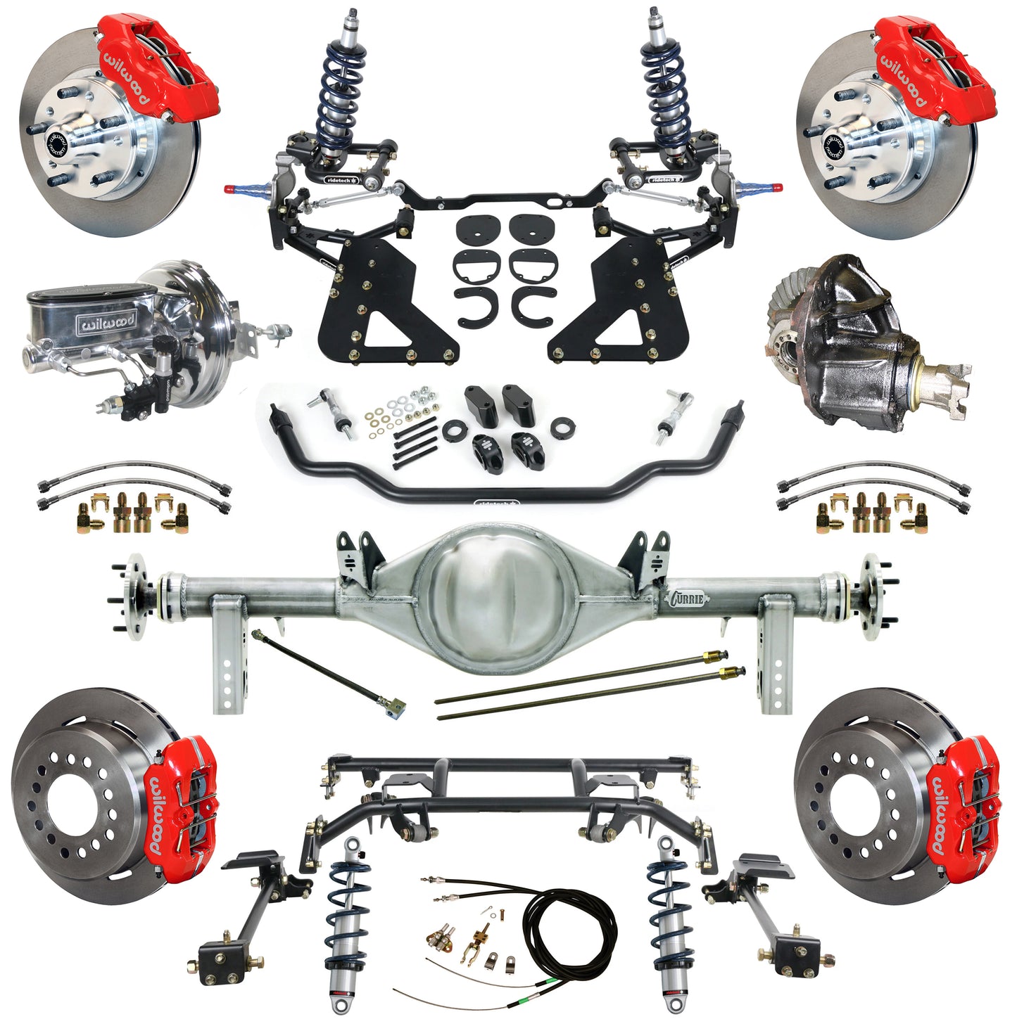 COILOVER & 4-LINK SYSTEM,CURRIE REAR END,WILWOOD 11" BRAKES,RED,62-67 CHEVY II