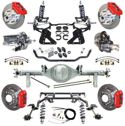 COILOVER & 4-LINK SYSTEM,CURRIE REAR END,WILWOOD 11" BRAKES,RED,62-67 CHEVY II