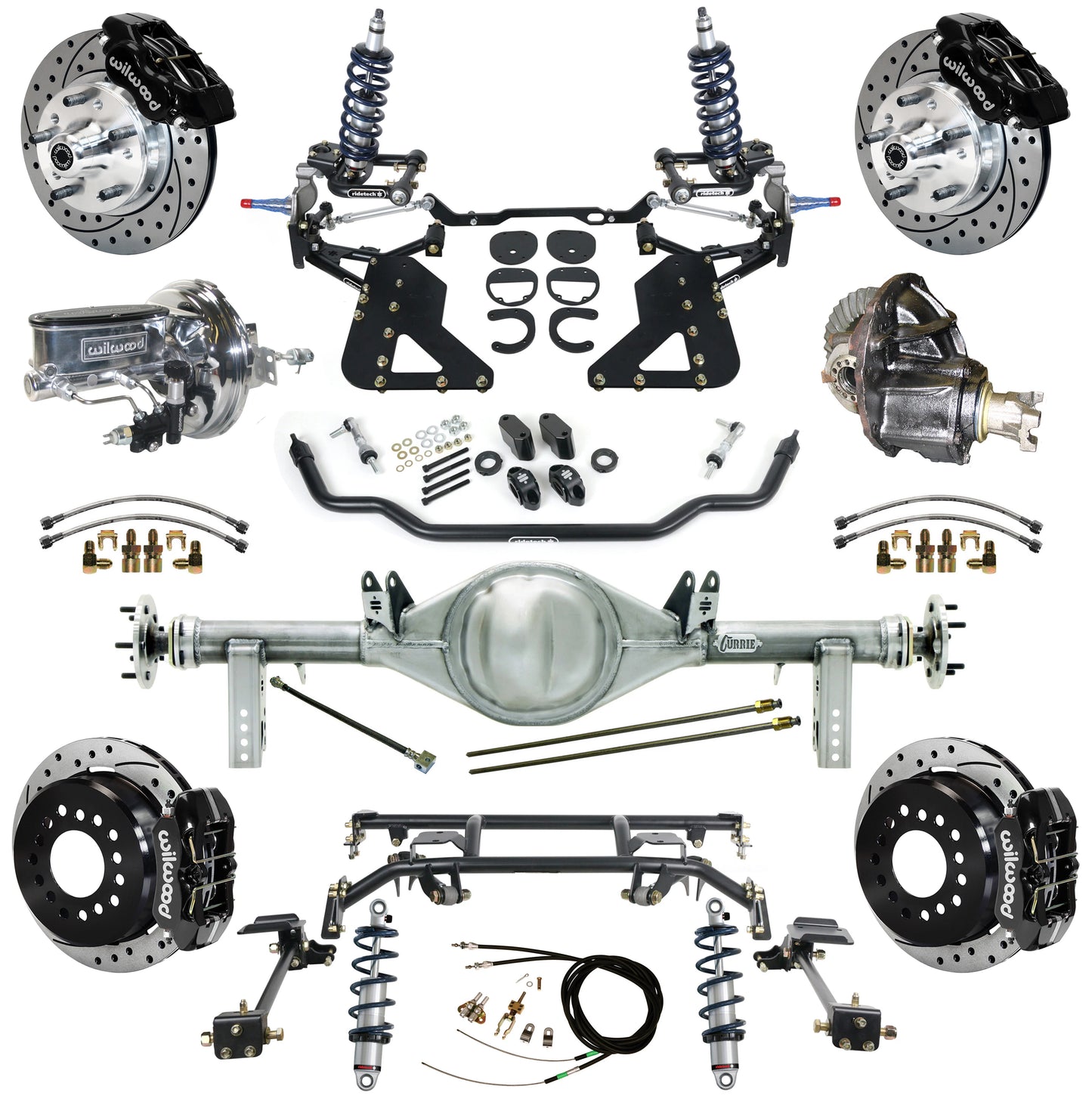 COILOVER & 4-LINK SYSTEM,CURRIE REAR END,WILWOOD 11" DRILL,BLACK,62-67 CHEVY II