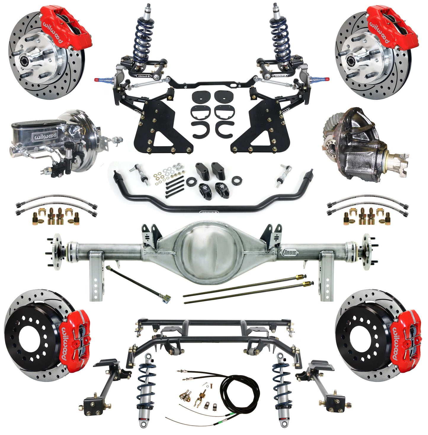 COILOVER & 4-LINK SYSTEM,CURRIE REAR END,WILWOOD 11" DRILLED,RED,62-67 CHEVY II